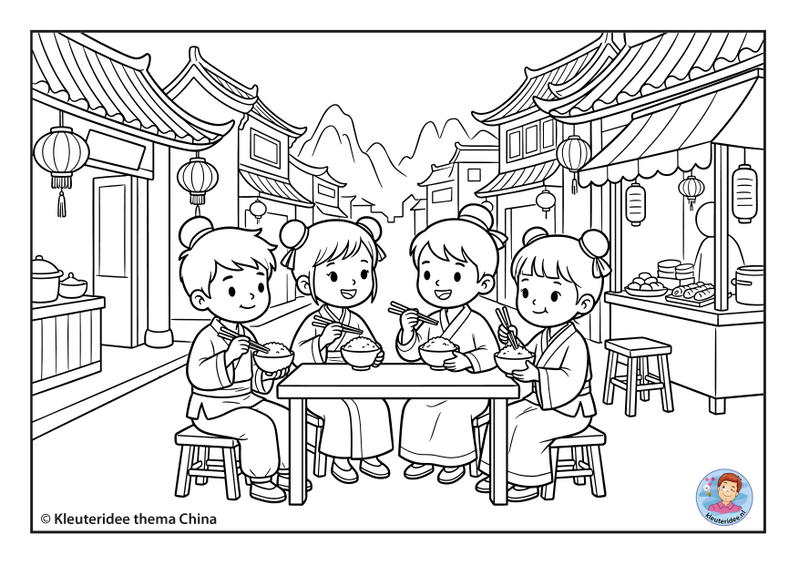 Kleurplaat rijst met stokjes in de straat thema China kleuteridee